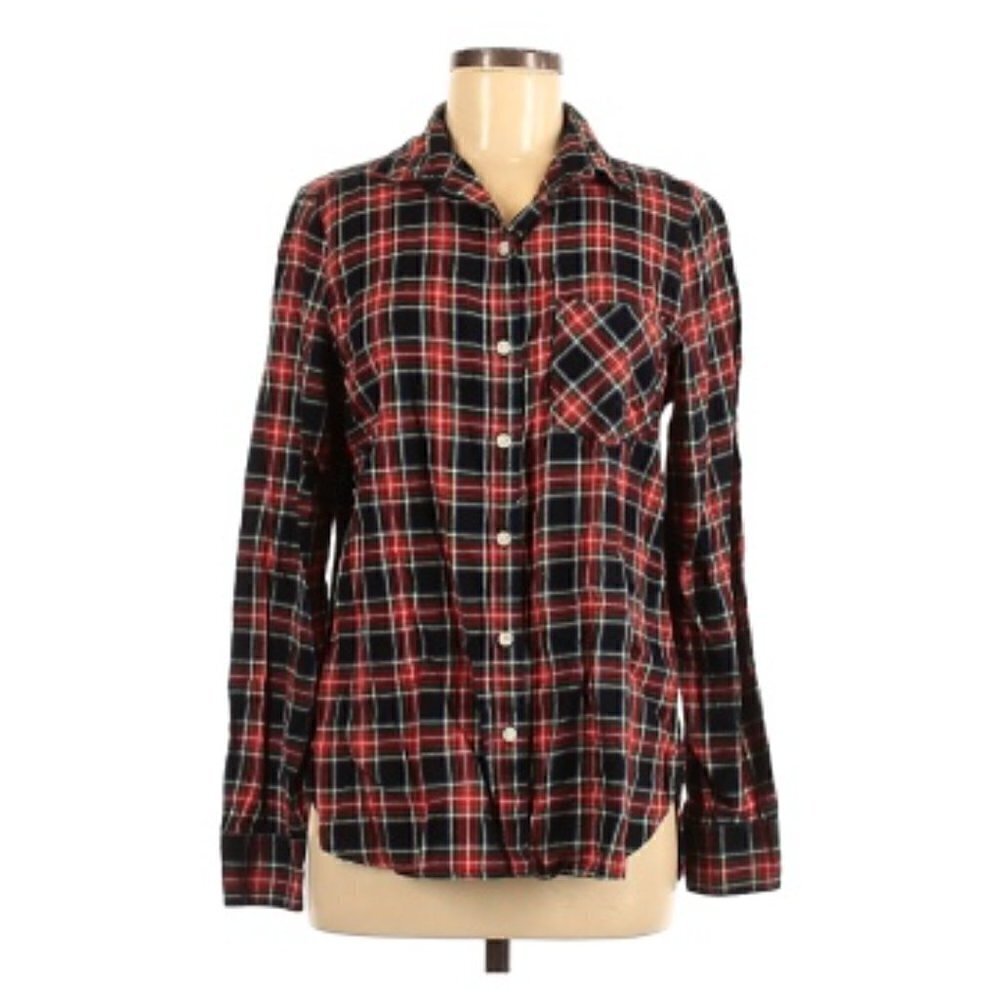 Old Navy Women's Size XS The Classic Shirt Button Down Black Tartan Plaid Pocket